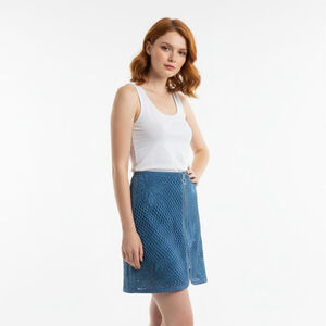 The Korner Anthropologie Blue Crochet Overlay Front Zipper Mini Skirt - Small